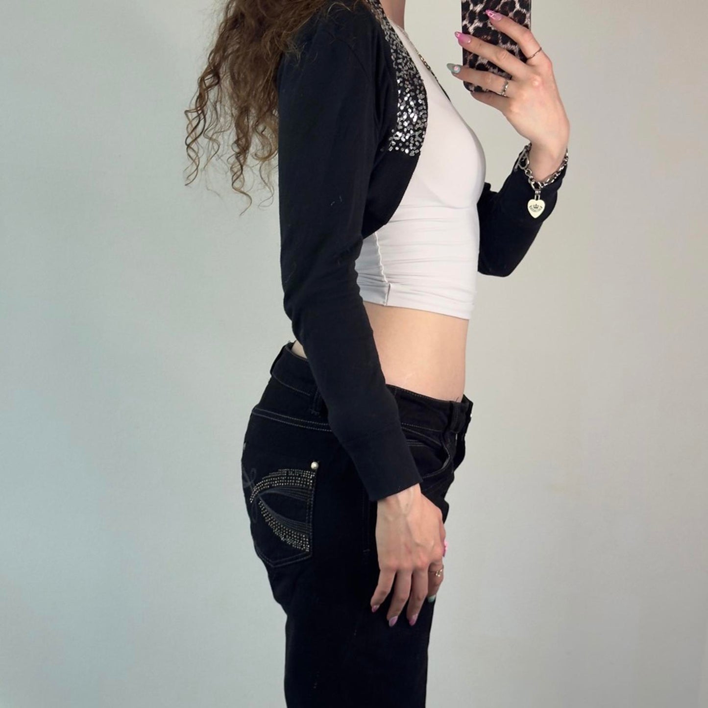 Y2K vintage black cropped cardigan bolero silver sparkly glitter long sleeve