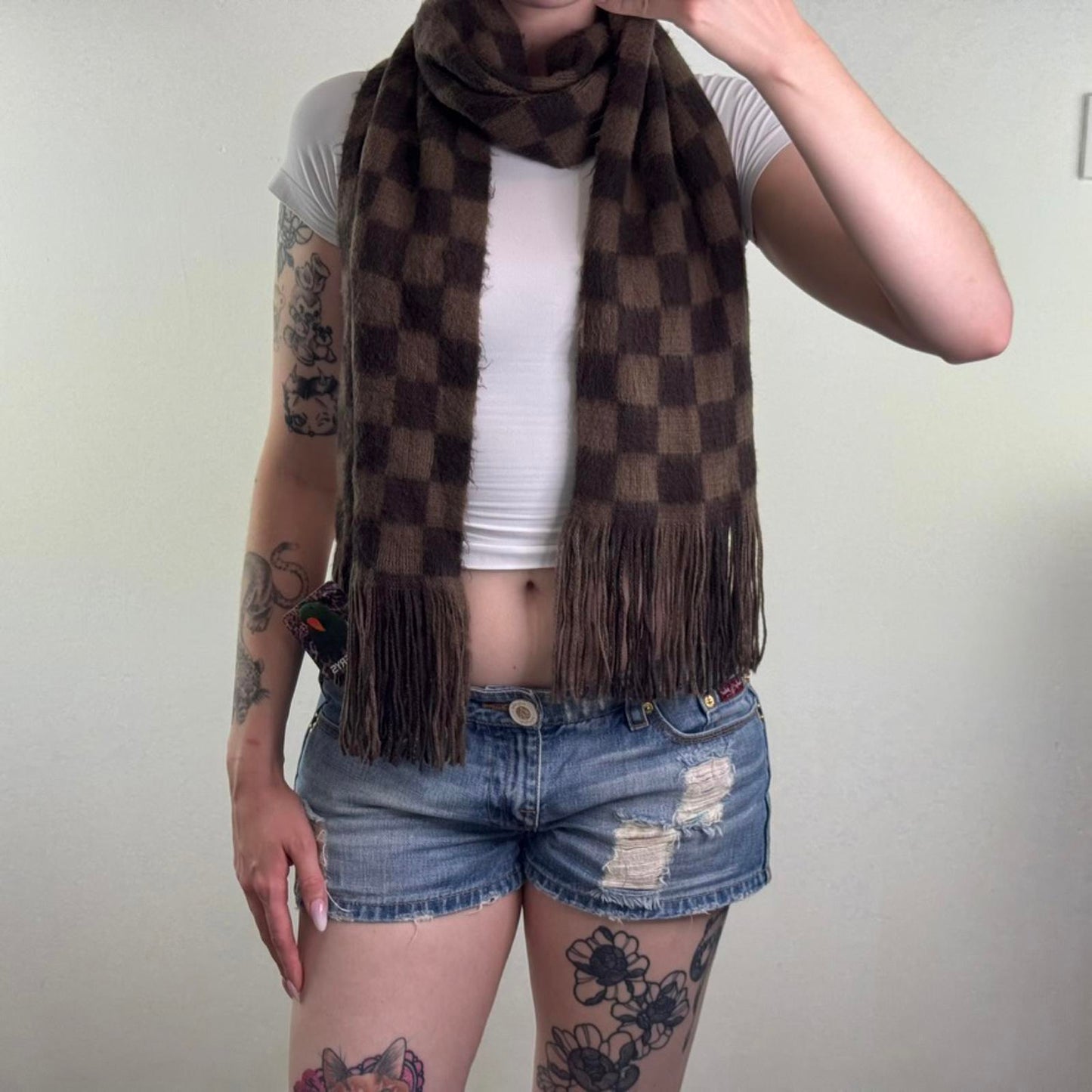 Y2K vintage check print fluffy scarf brown tassel soft
