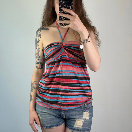 Y2K vintage stripe halter neck top strapless a line floaty summer strappy