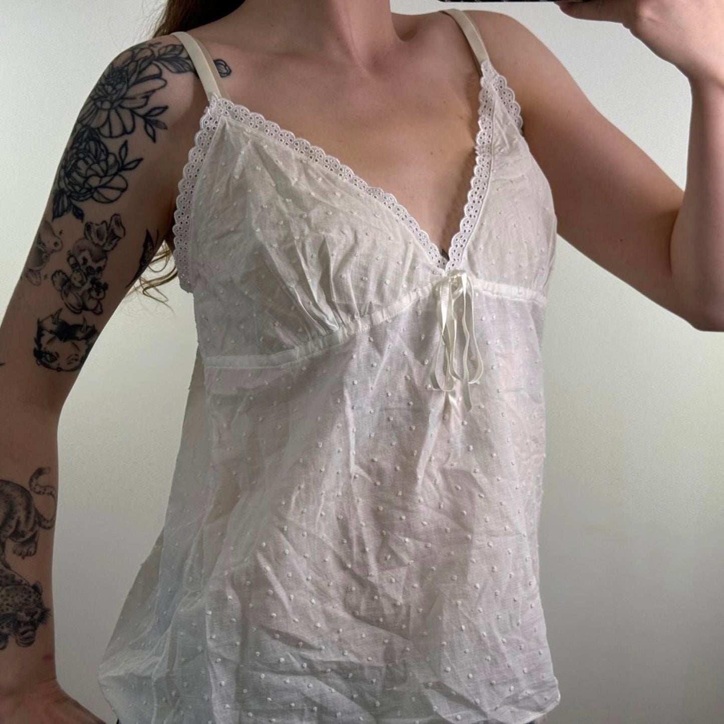 Y2K vintage broderie anglaise cami top cotton bow sheer polka dot v neck