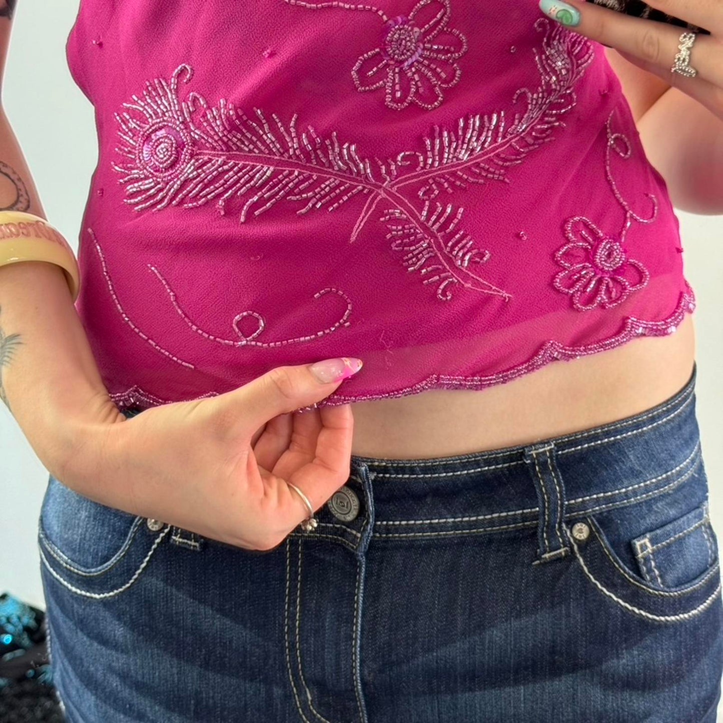 Y2K vintage Bay embellished strappy top floral feather racerback beaded pink