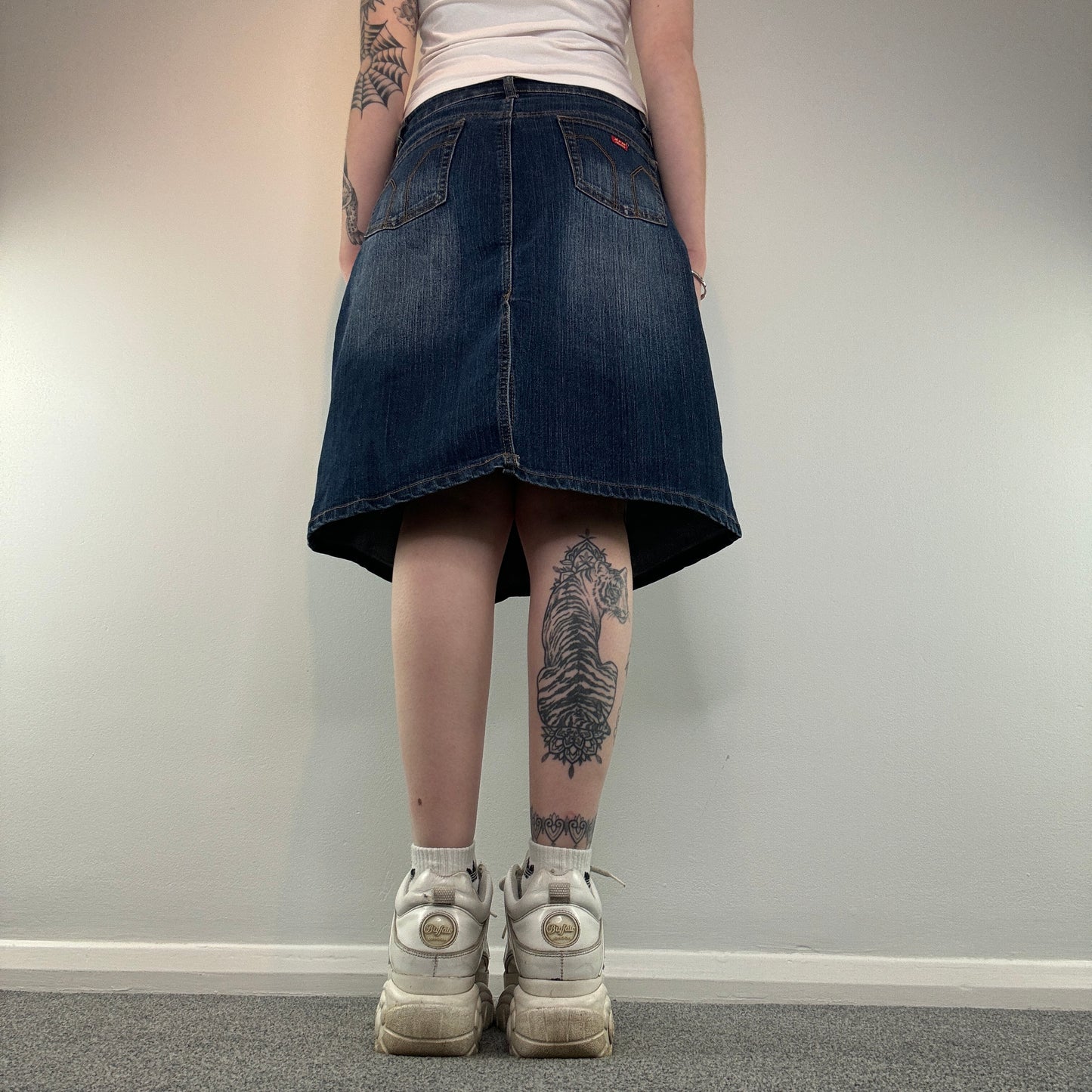 Y2K faded denim floral studded skirt