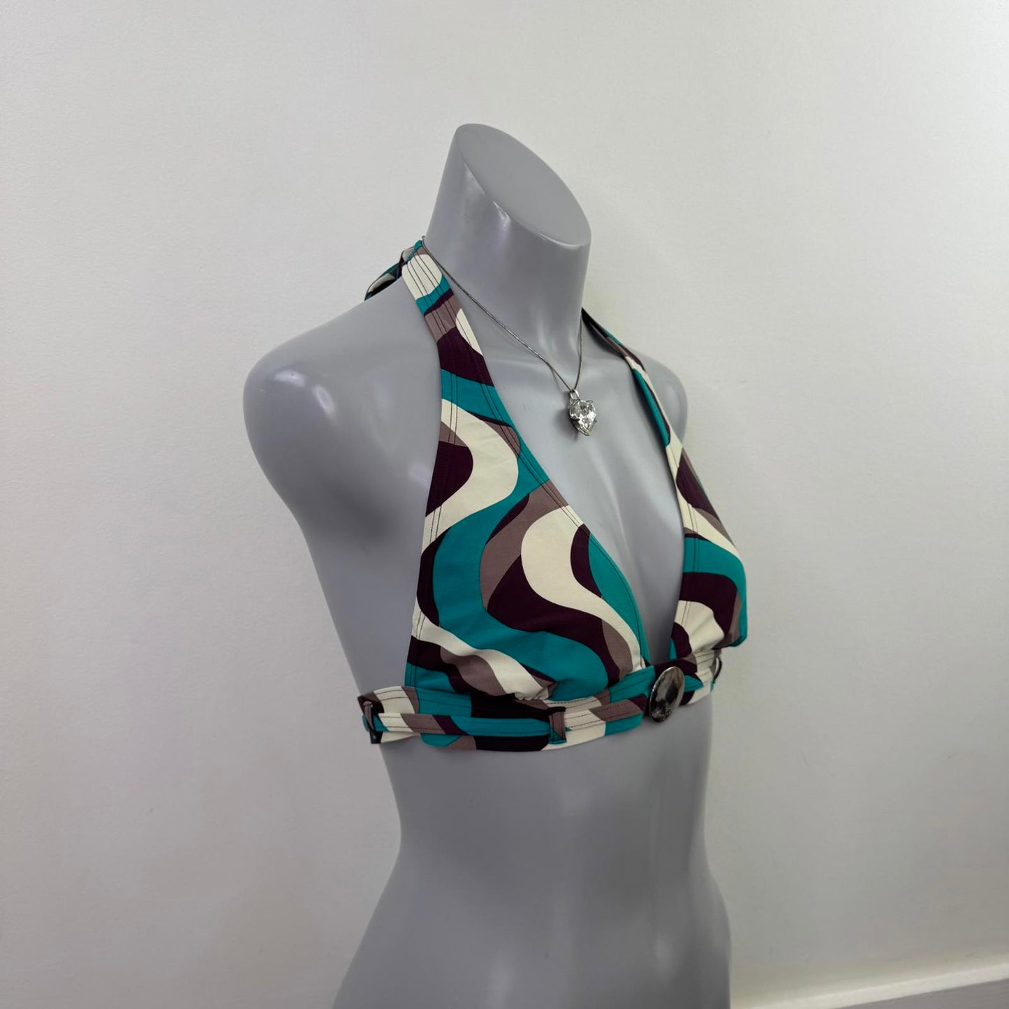 Y2K vintage halter neck abstract pattern bikini top unpadded bow