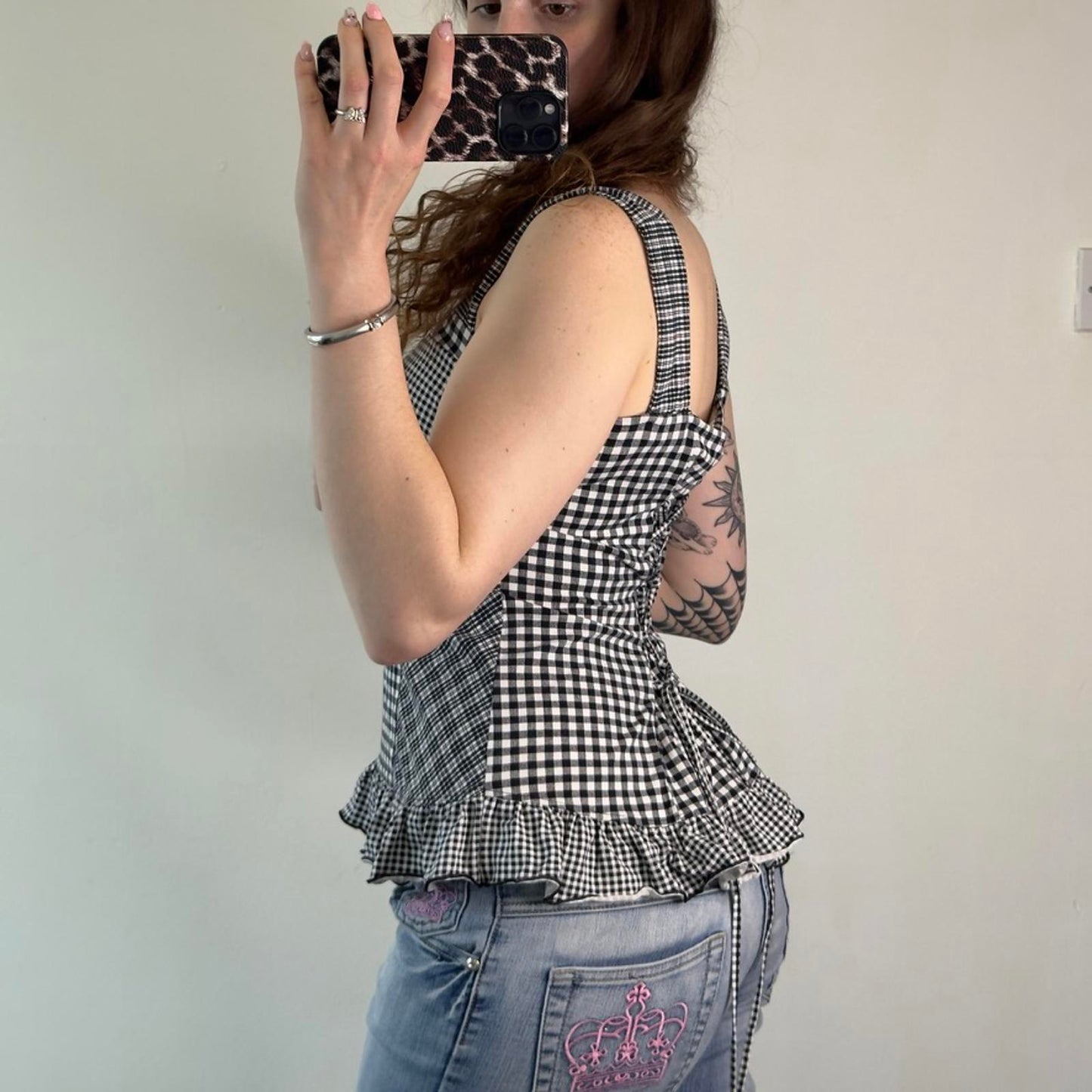 Y2K vintage gingham tartan frilly tank top lace up detail sweetheart neck