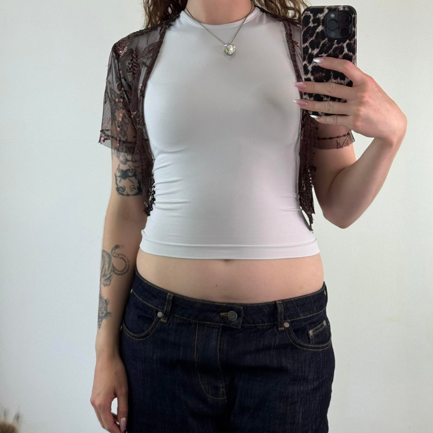 Y2K vintage mesh sequin cardigan short sleeve cropped open front scallop hem