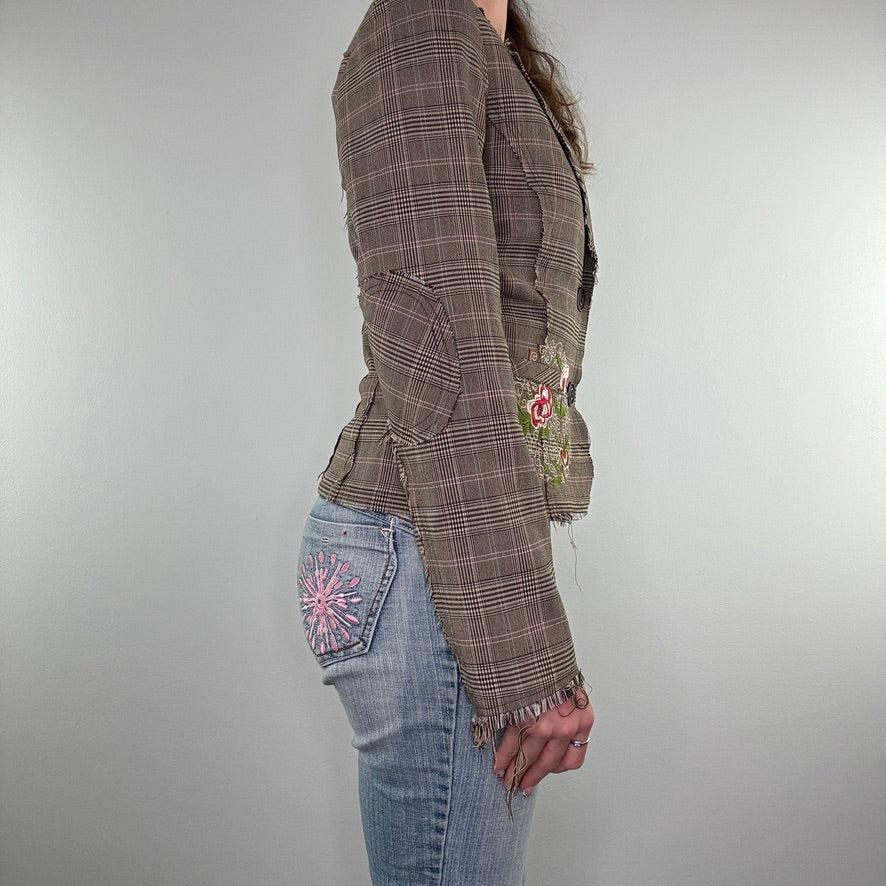 Y2K fitted tartan floral embroidered blazer