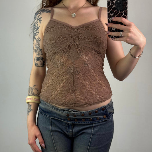 Y2K vintage stretchy mesh cami top sheer strappy light brown strappy fairy
