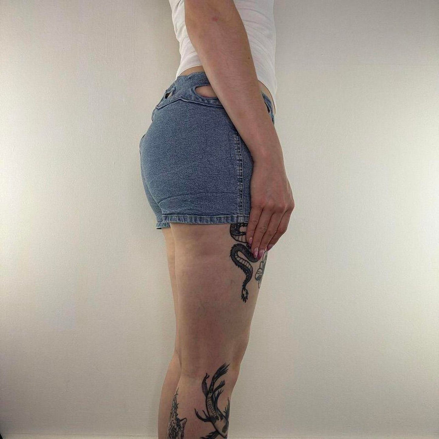 Y2K vintage stretchy denim mini shorts cut out mid rise