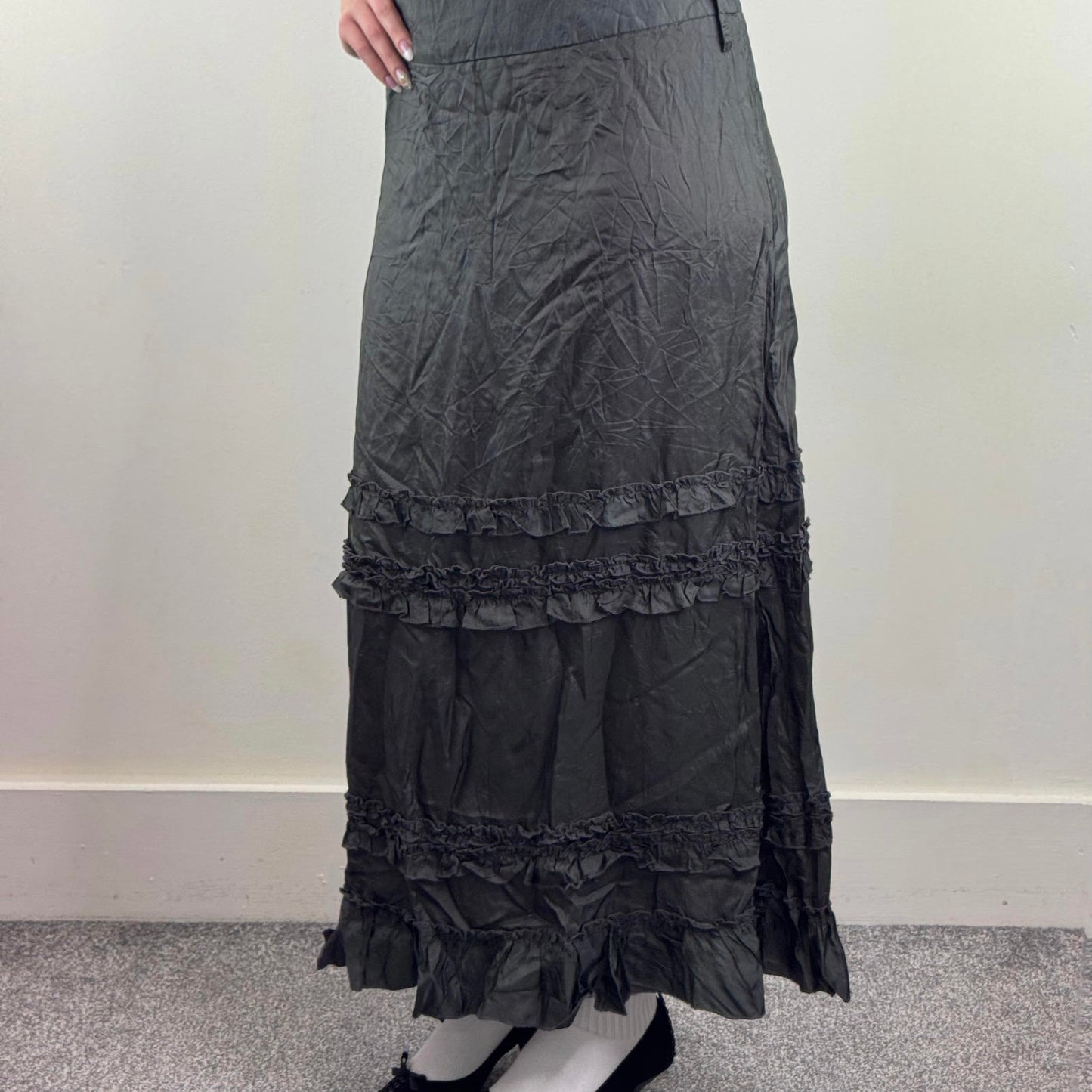 Y2K vintage maxi skirt a line ruffle hem dark grey acetate ruched lightweight