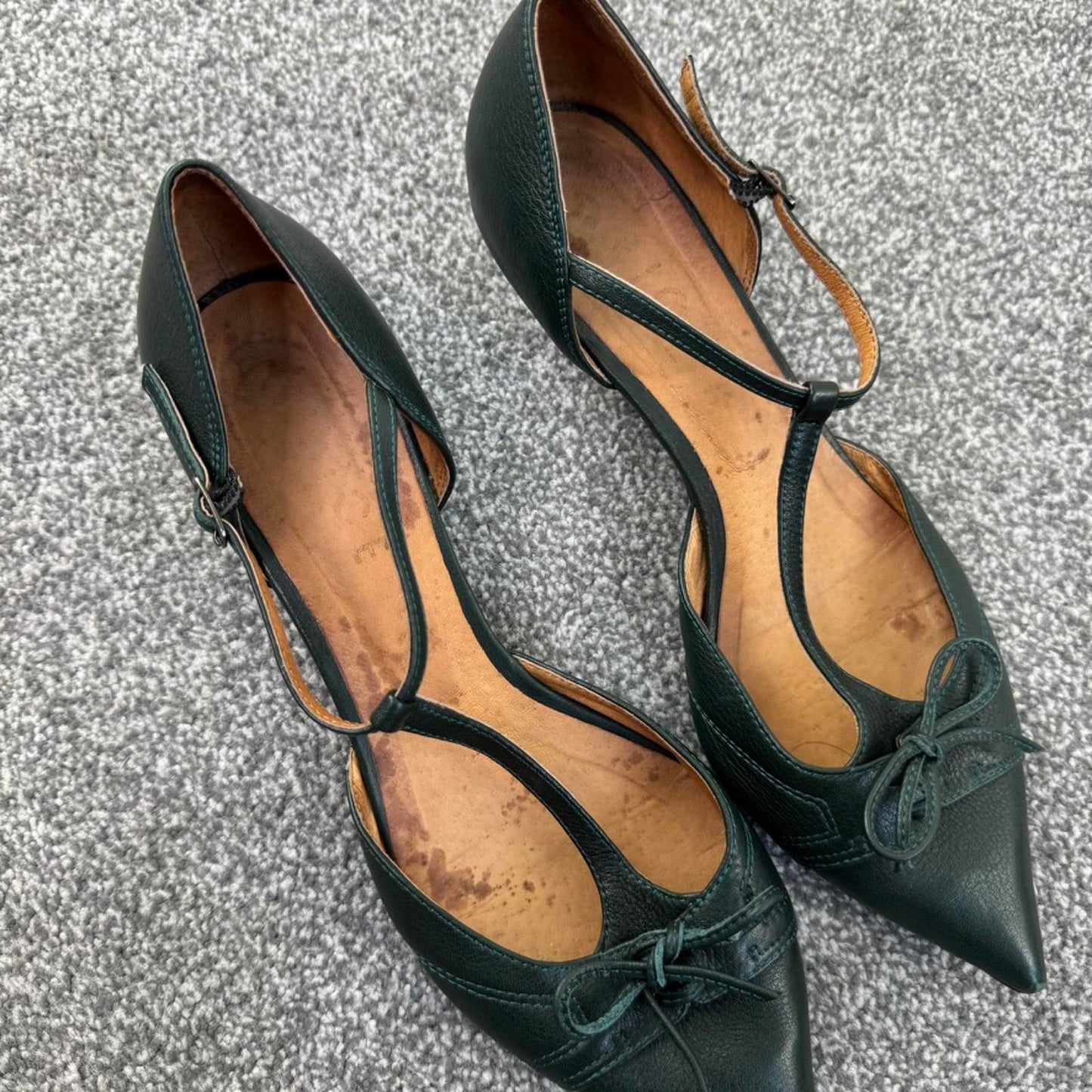 Y2K vintage genuine leather kitten heels pointed toe bow strappy dark green