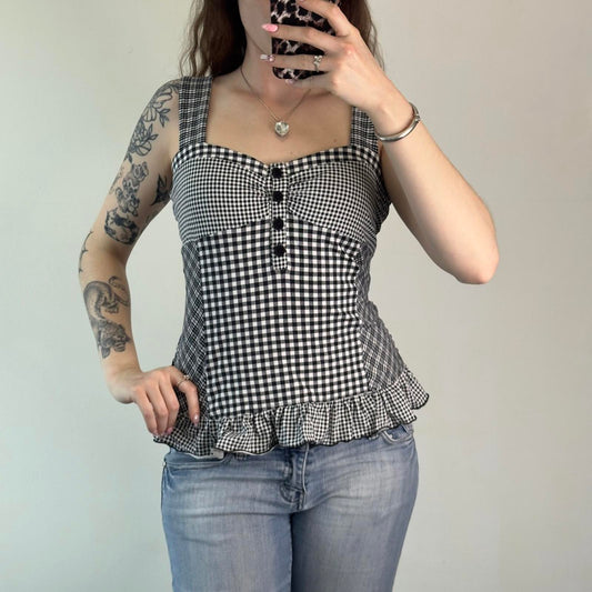 Y2K vintage gingham tartan frilly tank top lace up detail sweetheart neck