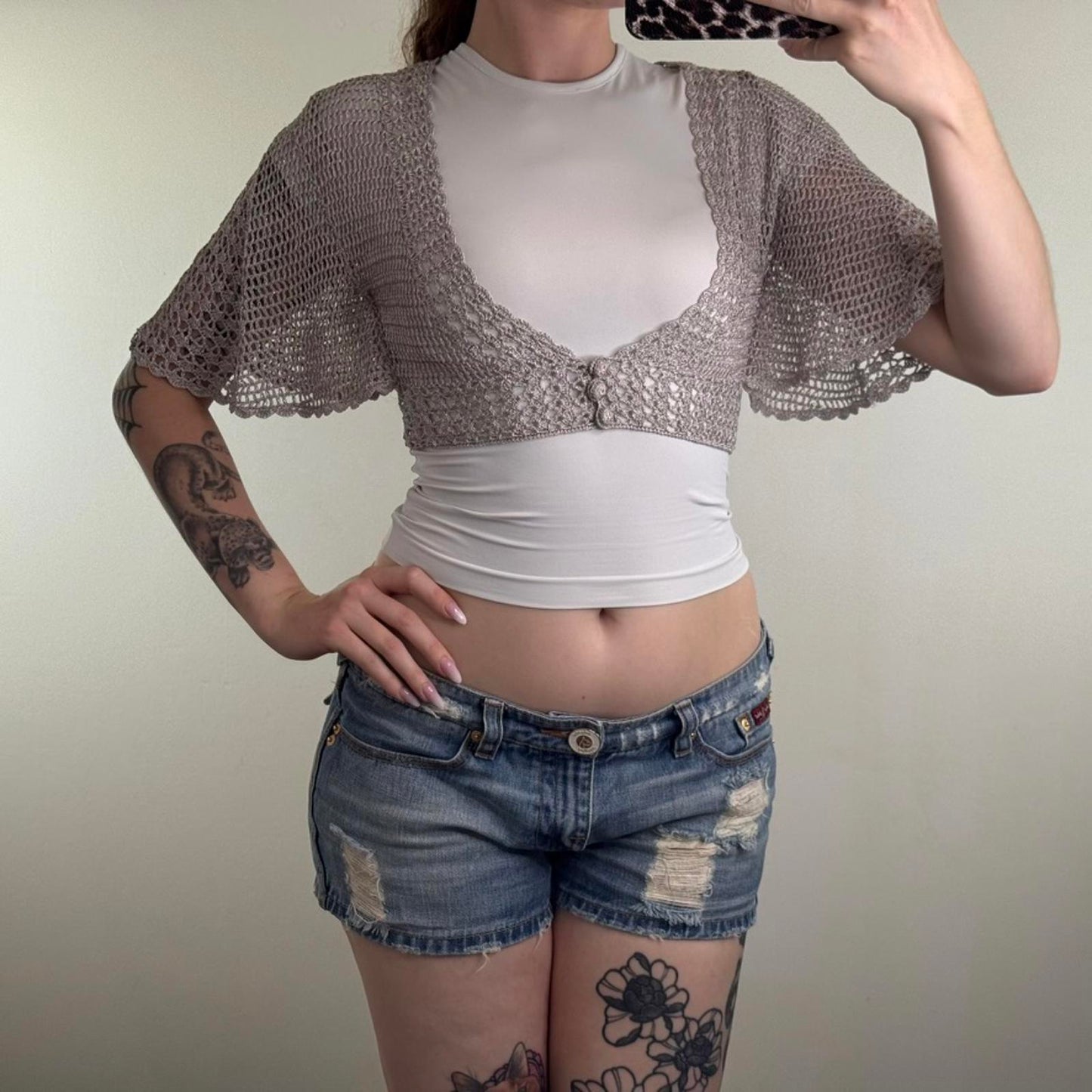 Y2K vintage crochet batwing short sleeve cardigan cropped fitted open bust