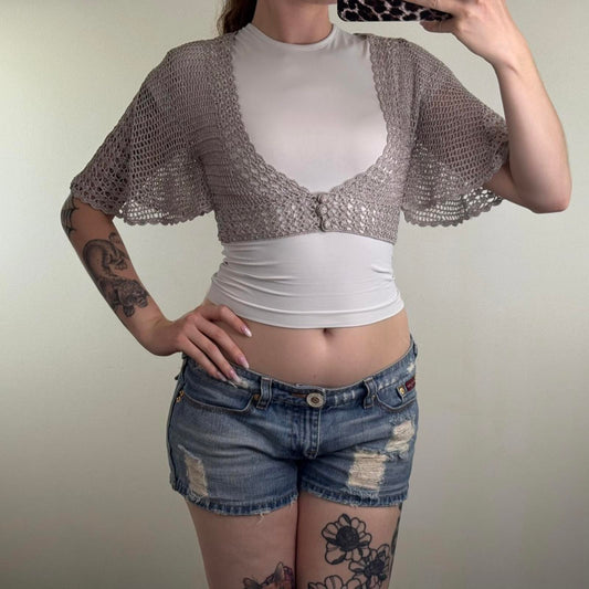 Y2K vintage crochet batwing short sleeve cardigan cropped fitted open bust