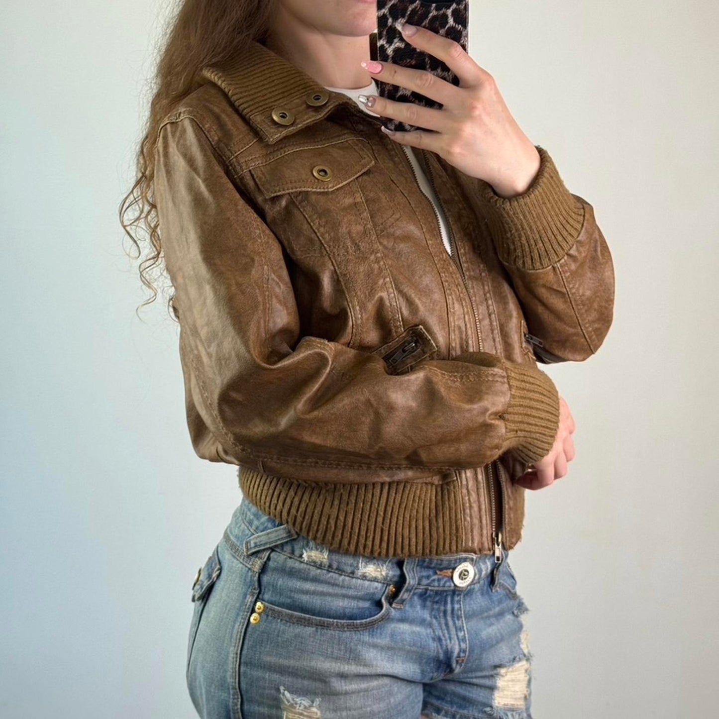 Y2K vintage faux leather bomber zip up jacket short slight crop utility archive