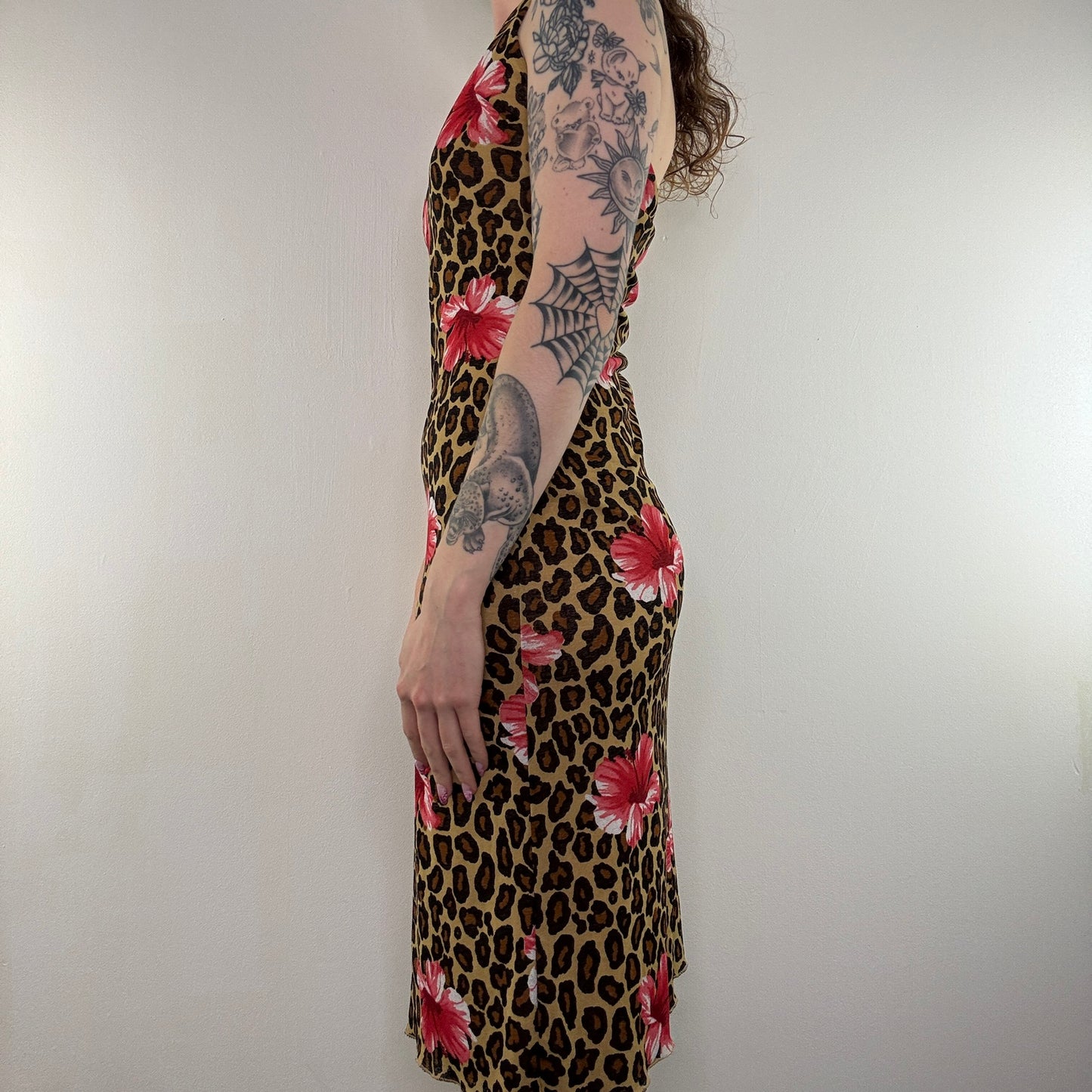 Y2K vintage leopard dress floral hibiscus print halter neck mesh midi dress