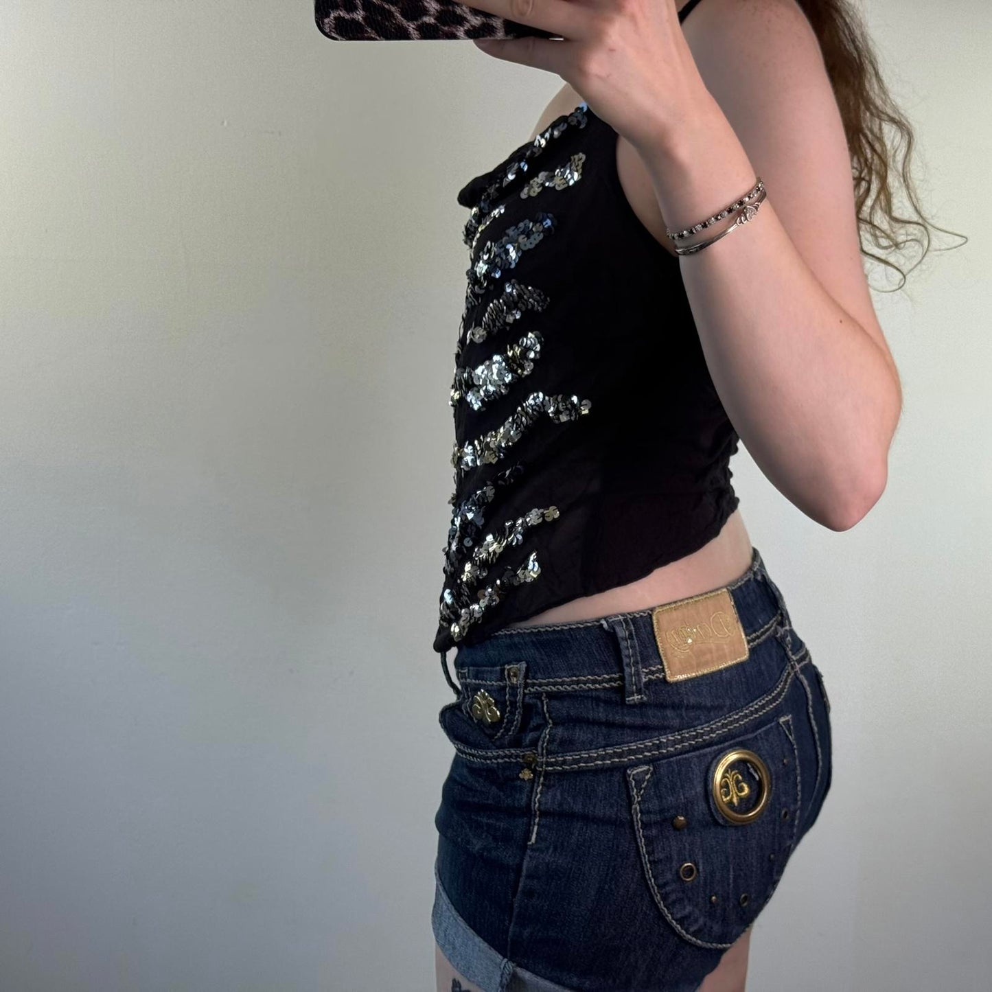 Y2K vintage Karen Millen sheer sequin tiger top racerback cowl neck party ruched