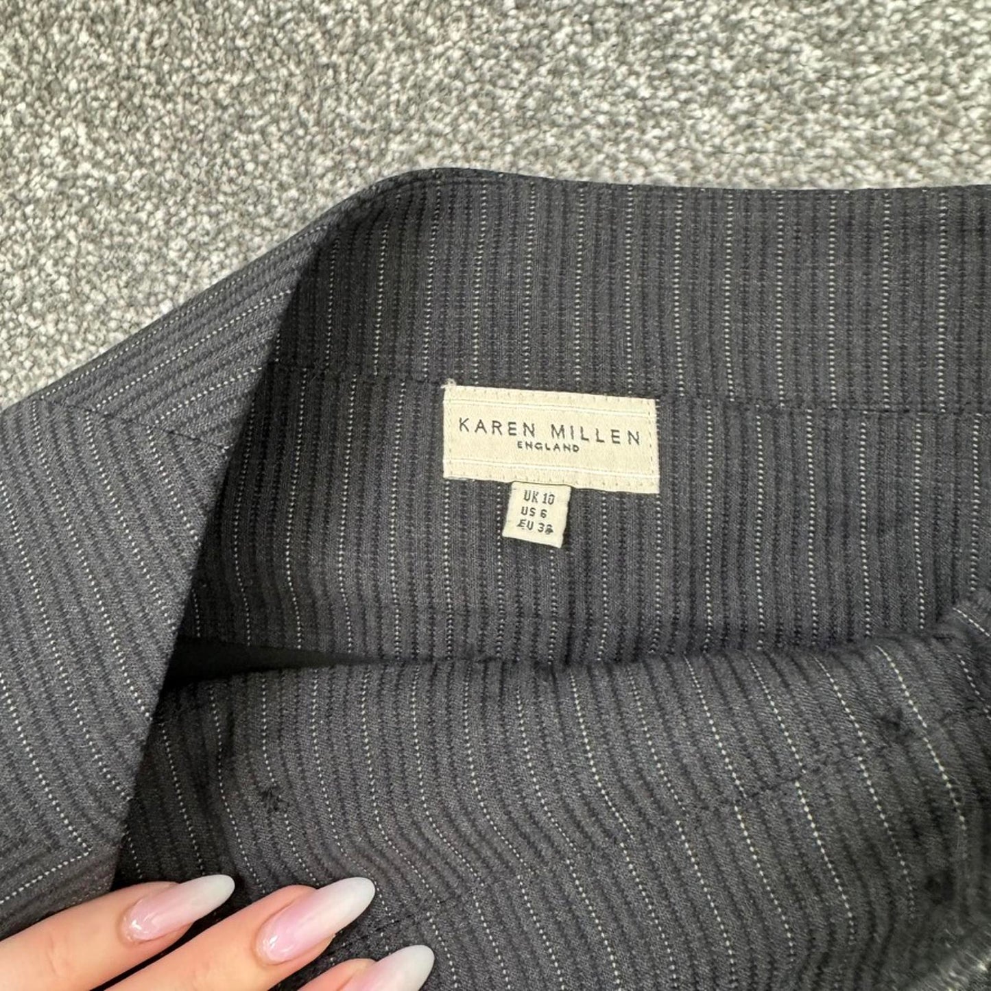 Y2K vintage Karen Millen wool cashmere pinstripe midi skirt buttons tailored