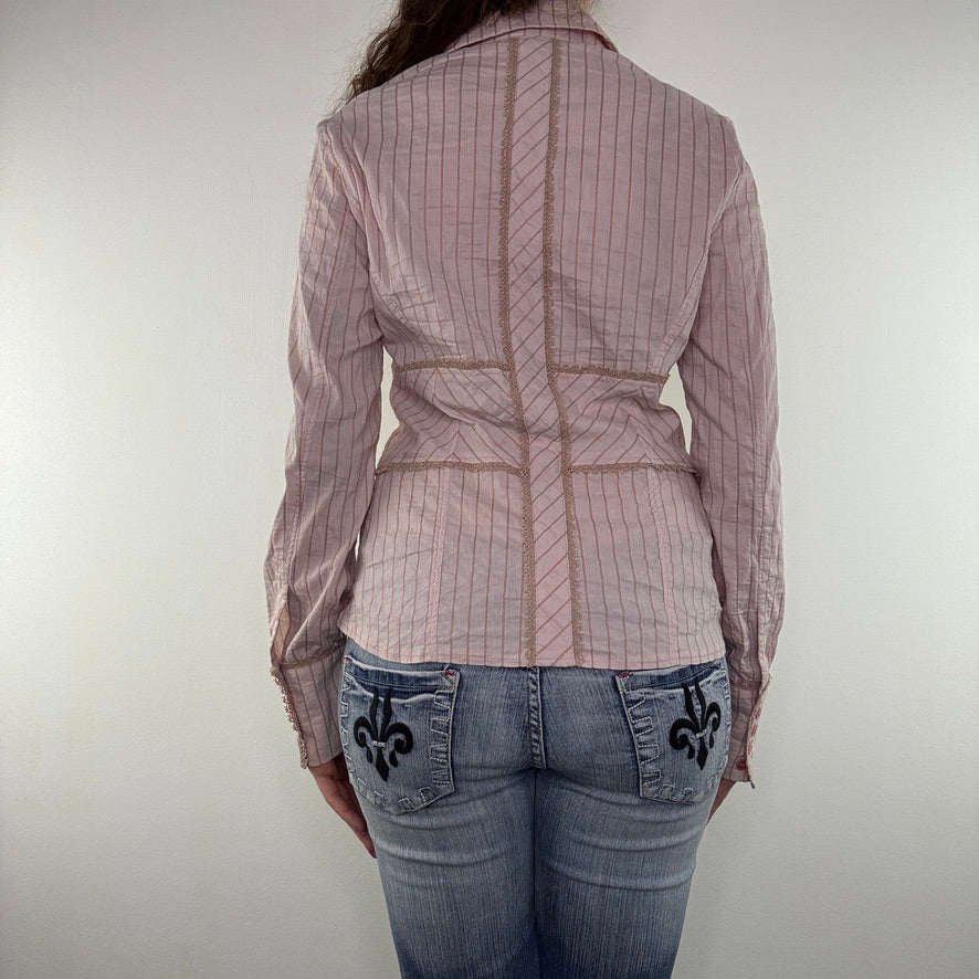 Y2K vintage button up stretchy shirt frilly lace trim ruffle pinstripe archive