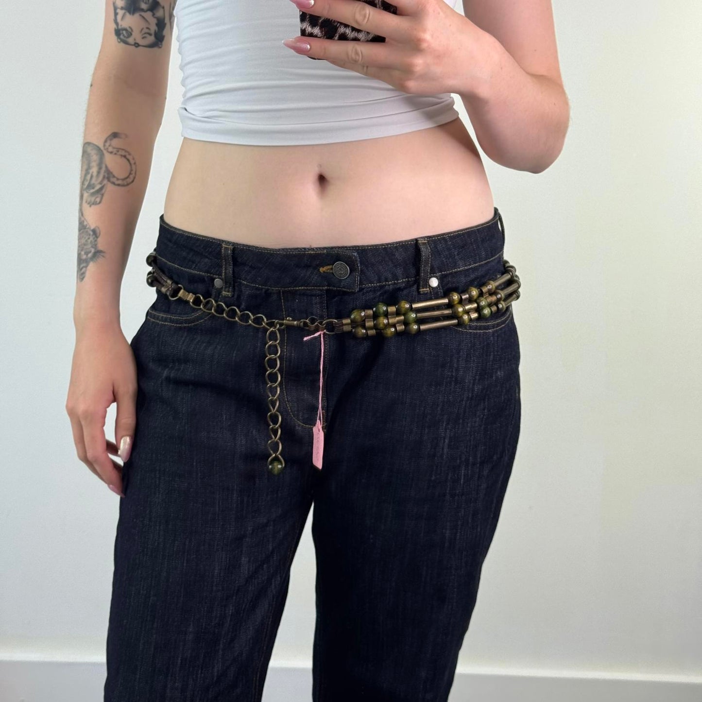 Y2K vintage beaded metal chain belt green gold adjustable