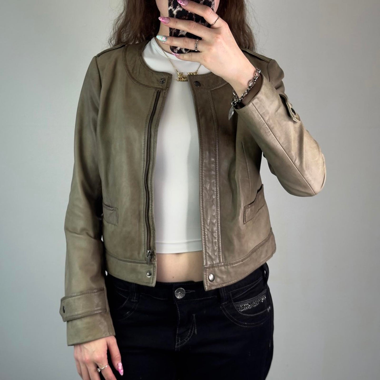 Y2K vintage genuine butter soft leather zip up jacket round neckline olive green