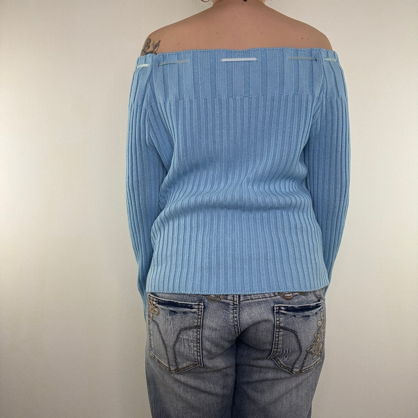 Y2K vintage knit jumper bow off the shoulder chunky slouchy ribbon long sleeve
