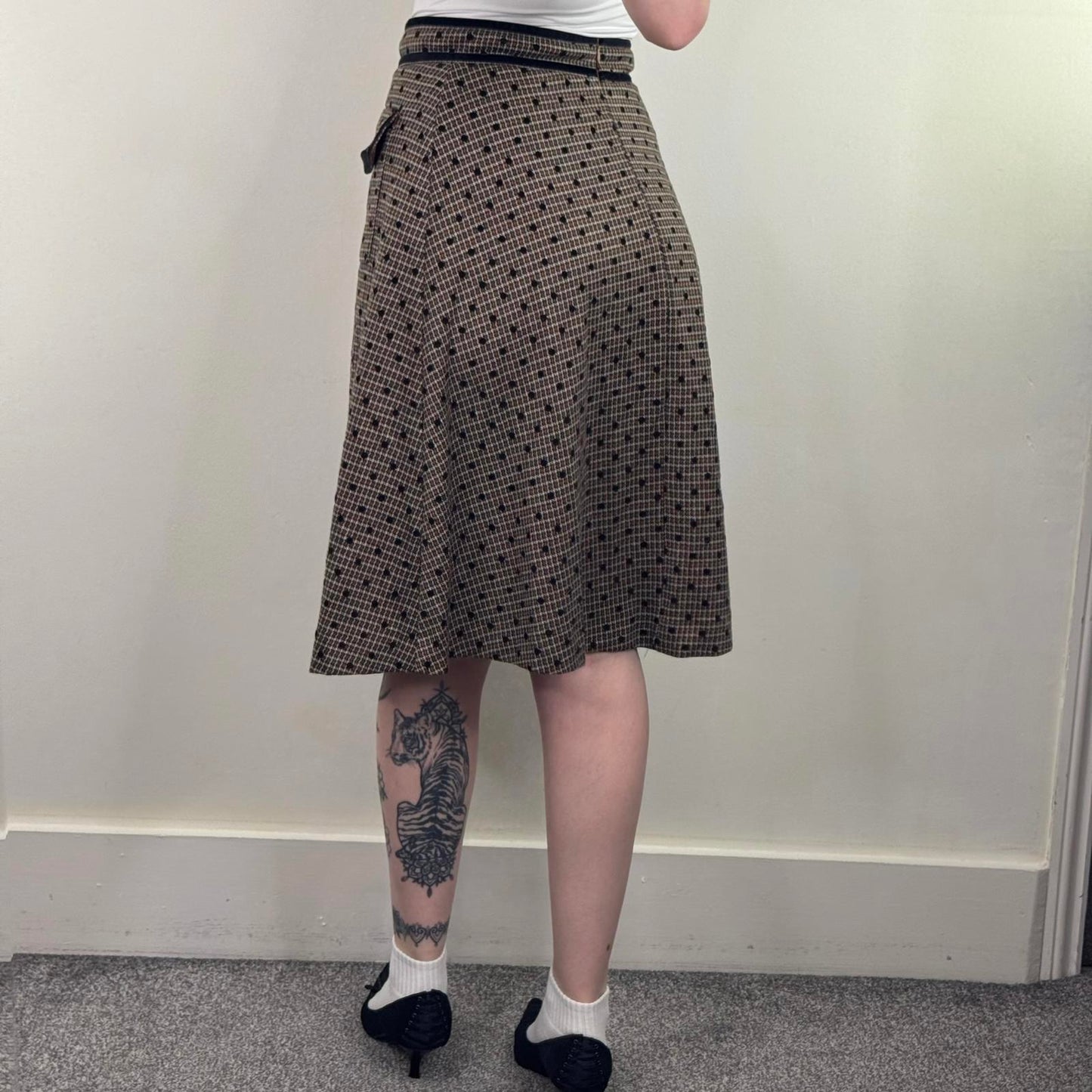 Y2K vintage polka dot midi skirt a line houndstooth velvet trim flowy circle
