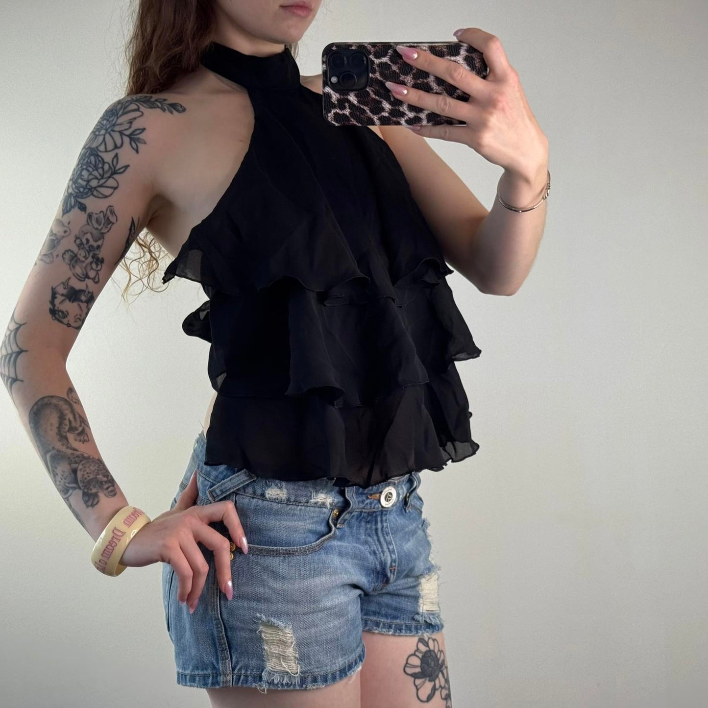 Y2K vintage high neck ruffle top choker halter tiered backless party clubbing