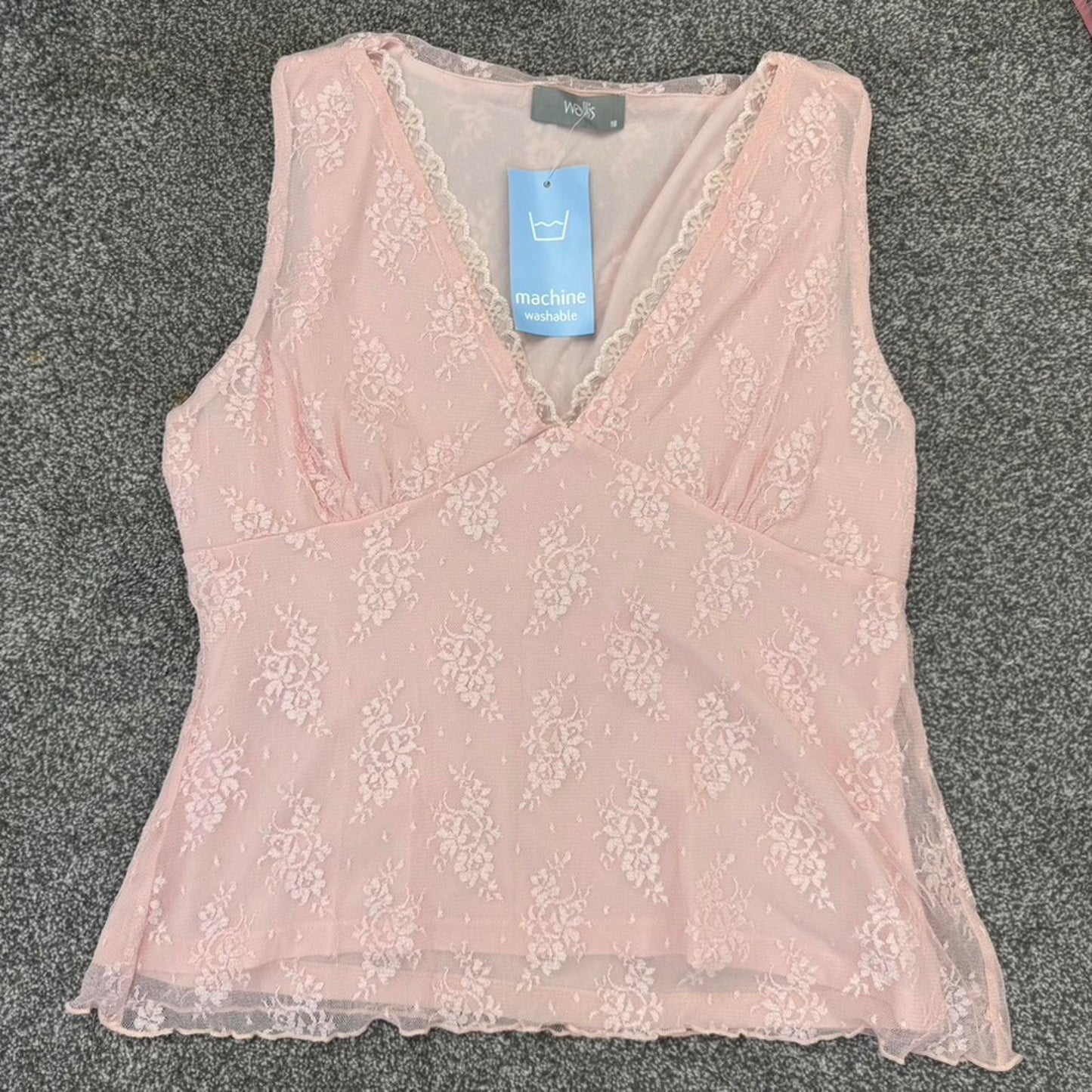 Y2K vintage lace mesh overlay tank top v neck frill trim baby pink stretchy