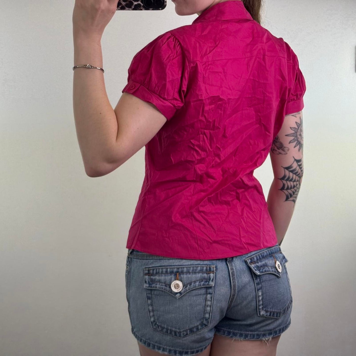 Y2K vintage button up short sleeve blouse shirt stretchy puff ball ruched pocket