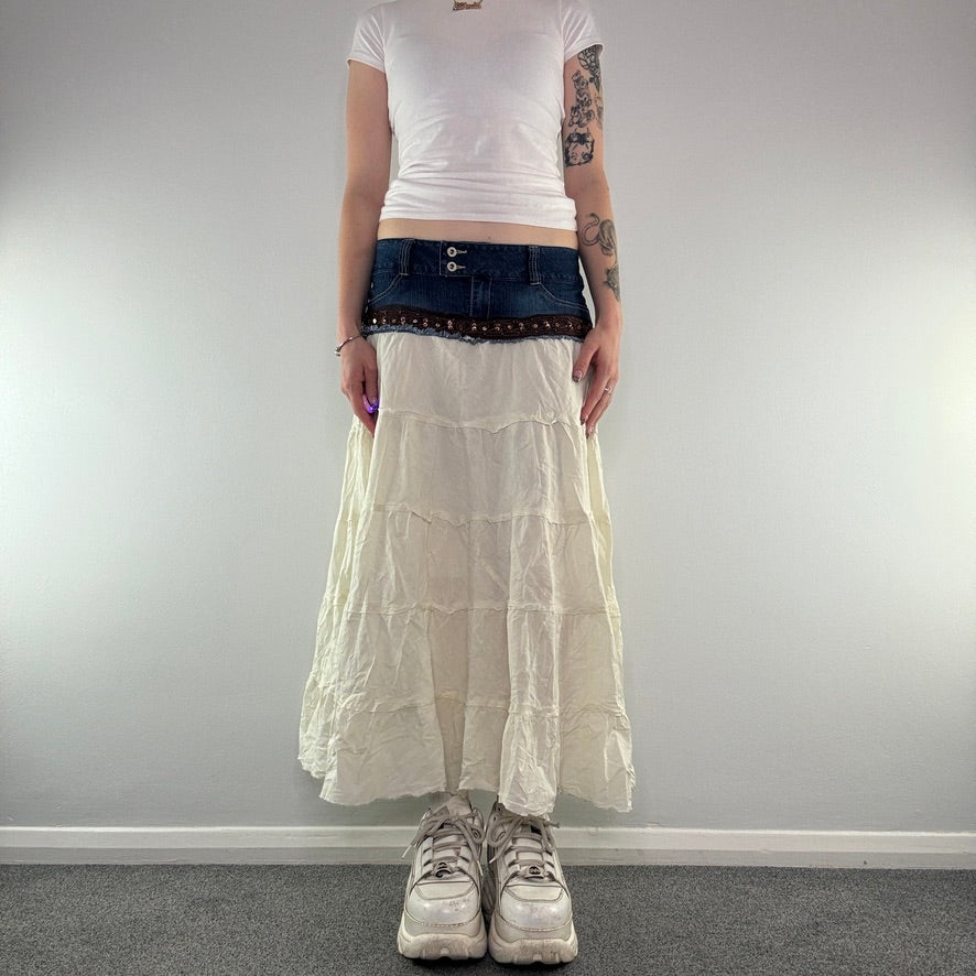 Y2K vintage low rise denim boho tiered maxi skirt