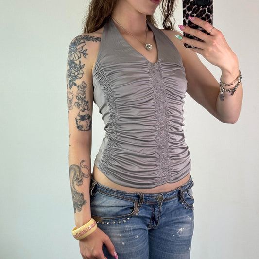 Y2K vintage slinky ruched halter neck v neck tie back stretchy ruched cyber