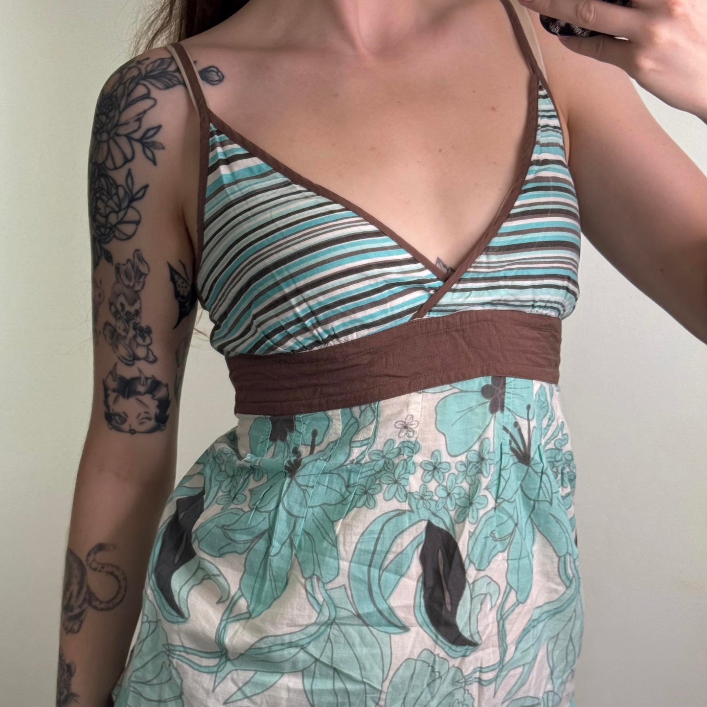 Y2K vintage stripe floral cami top adjustable tie back bow blue brown strappy