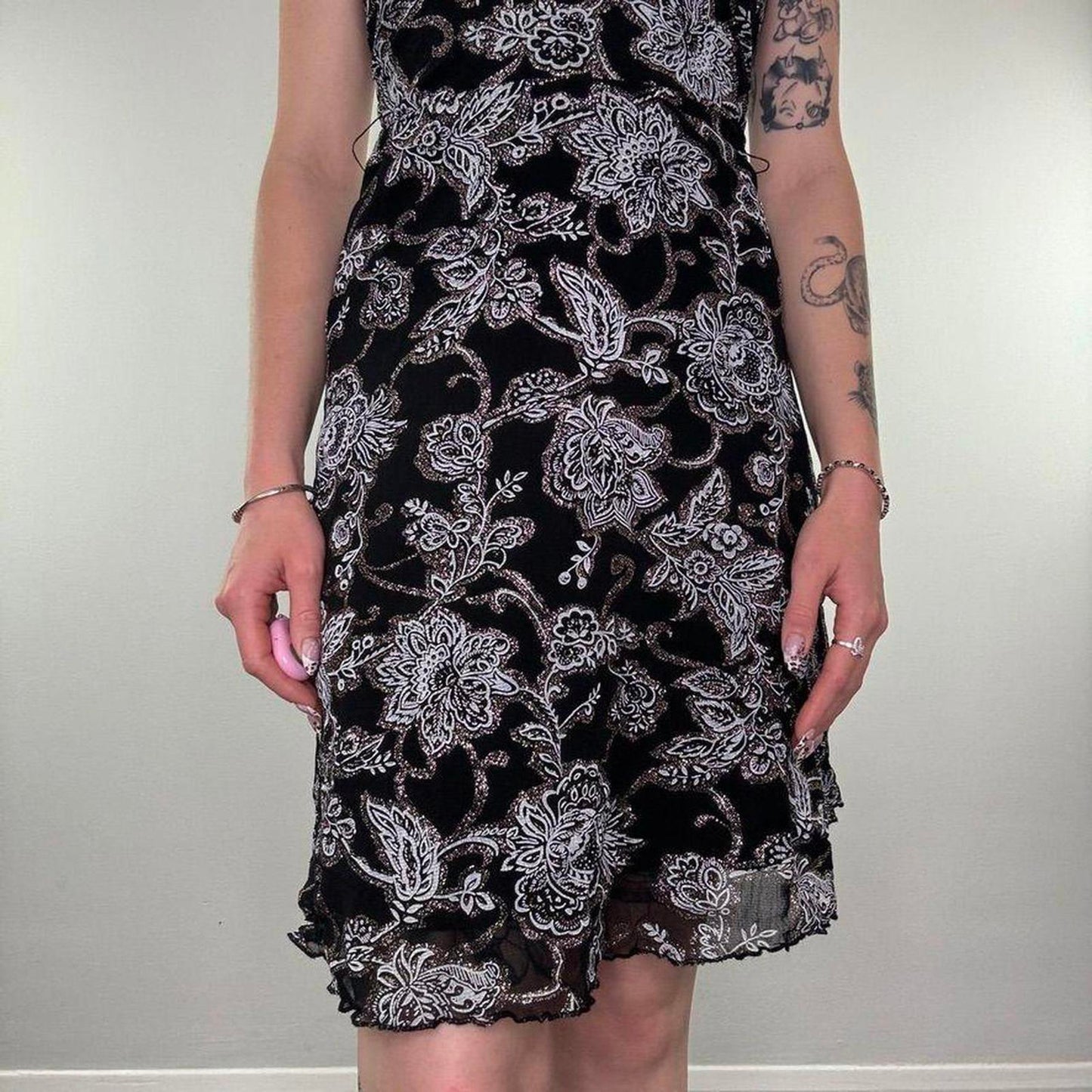Y2K vintage Jane Norman sparkly strapless floral mesh midi dress