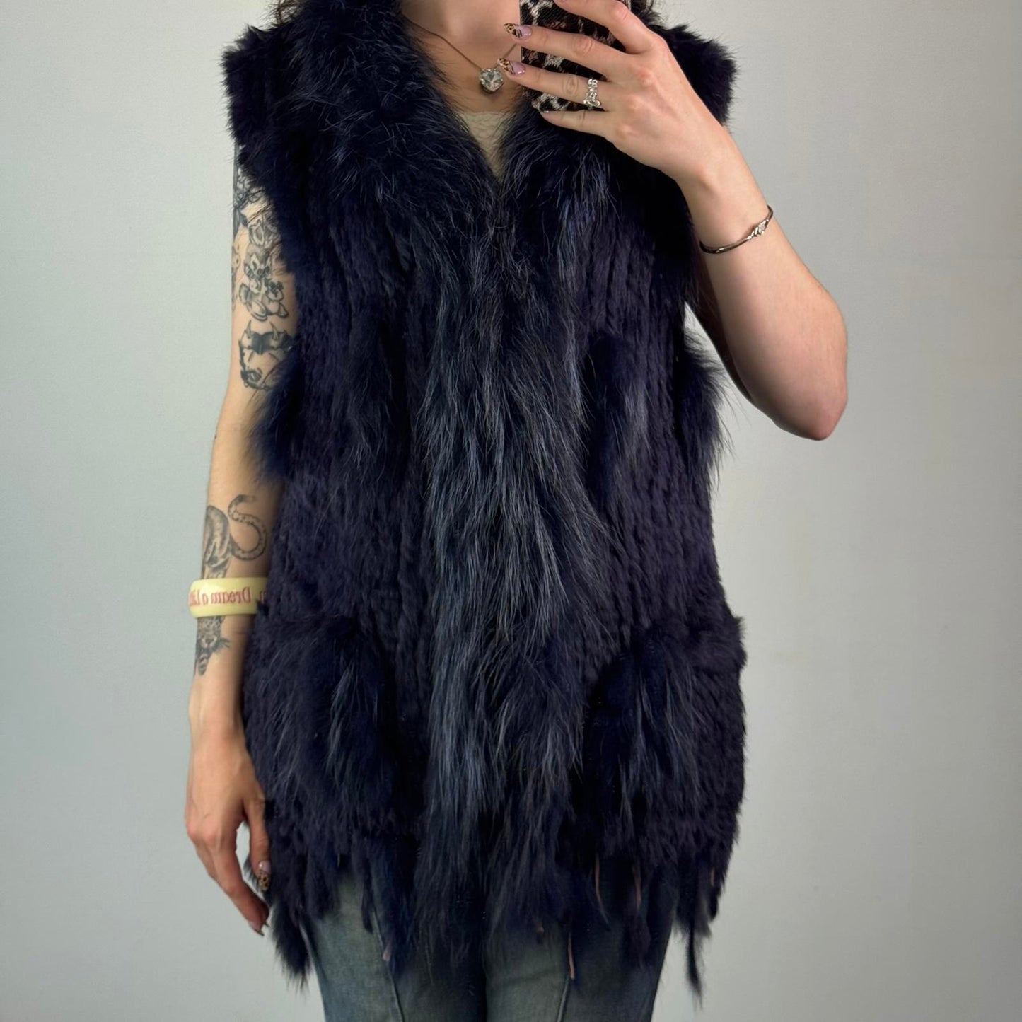 Genuine rabbit/ racoon fur sleeveless jacket gilet dark blue navy side pockets