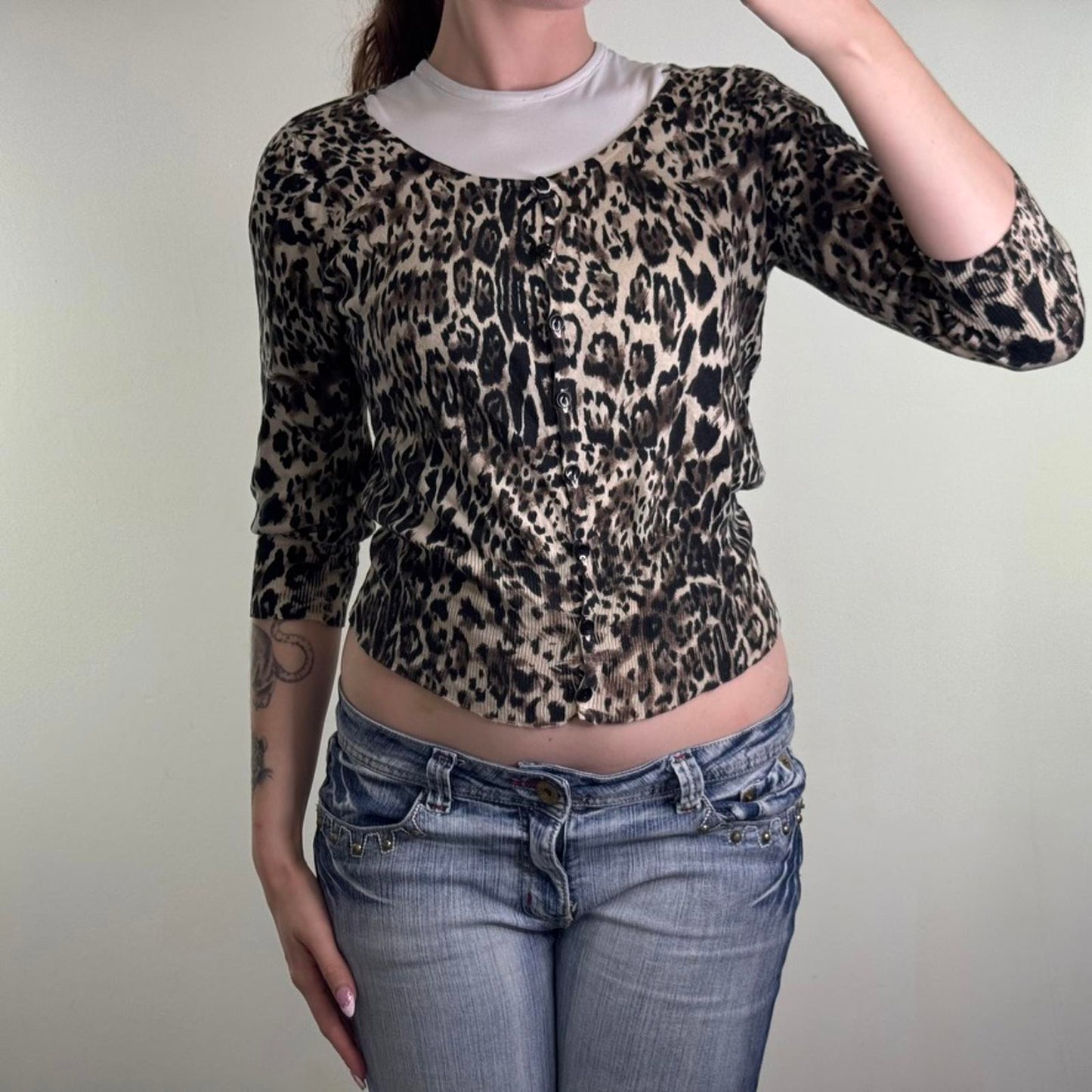 Y2K vintage New Look fine knit leopard print cardigan button up 3/4 sleeve