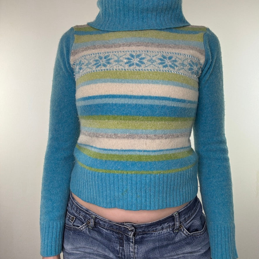 Y2K vintage stripe turtleneck jumper roll neck winter sequin snowflake short