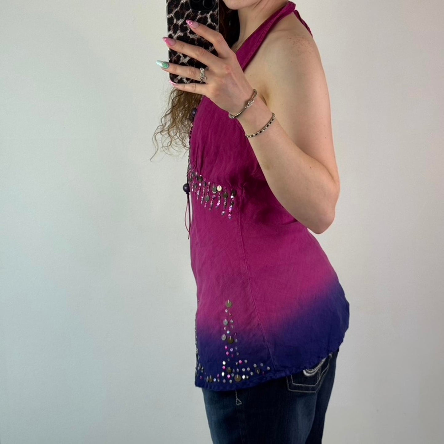 Y2K vintage 100% linen halter neck beaded sequin top v neck boho embellished M