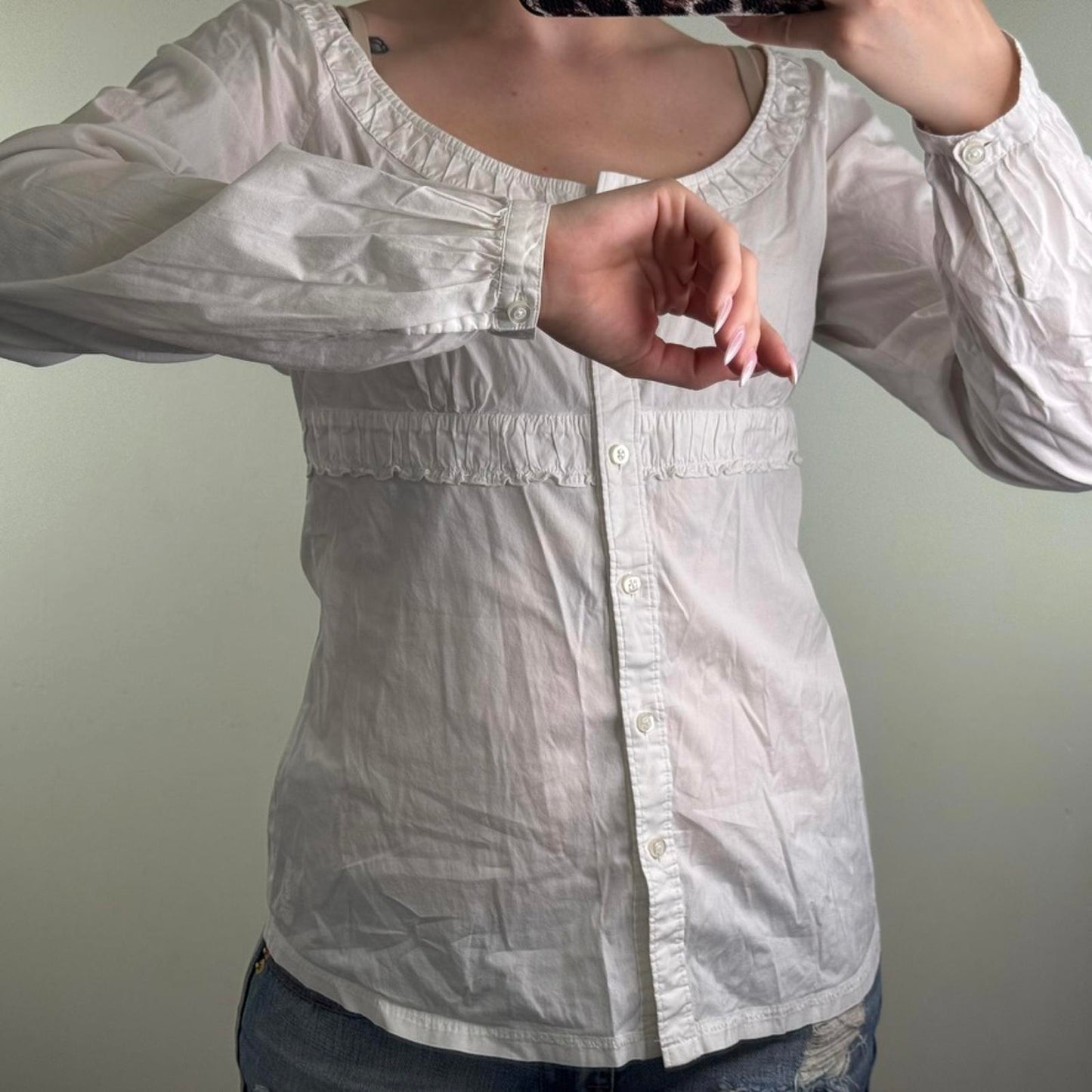 Y2K vintage stretchy blouse button up long sleeve scoop neck broderie anglaise