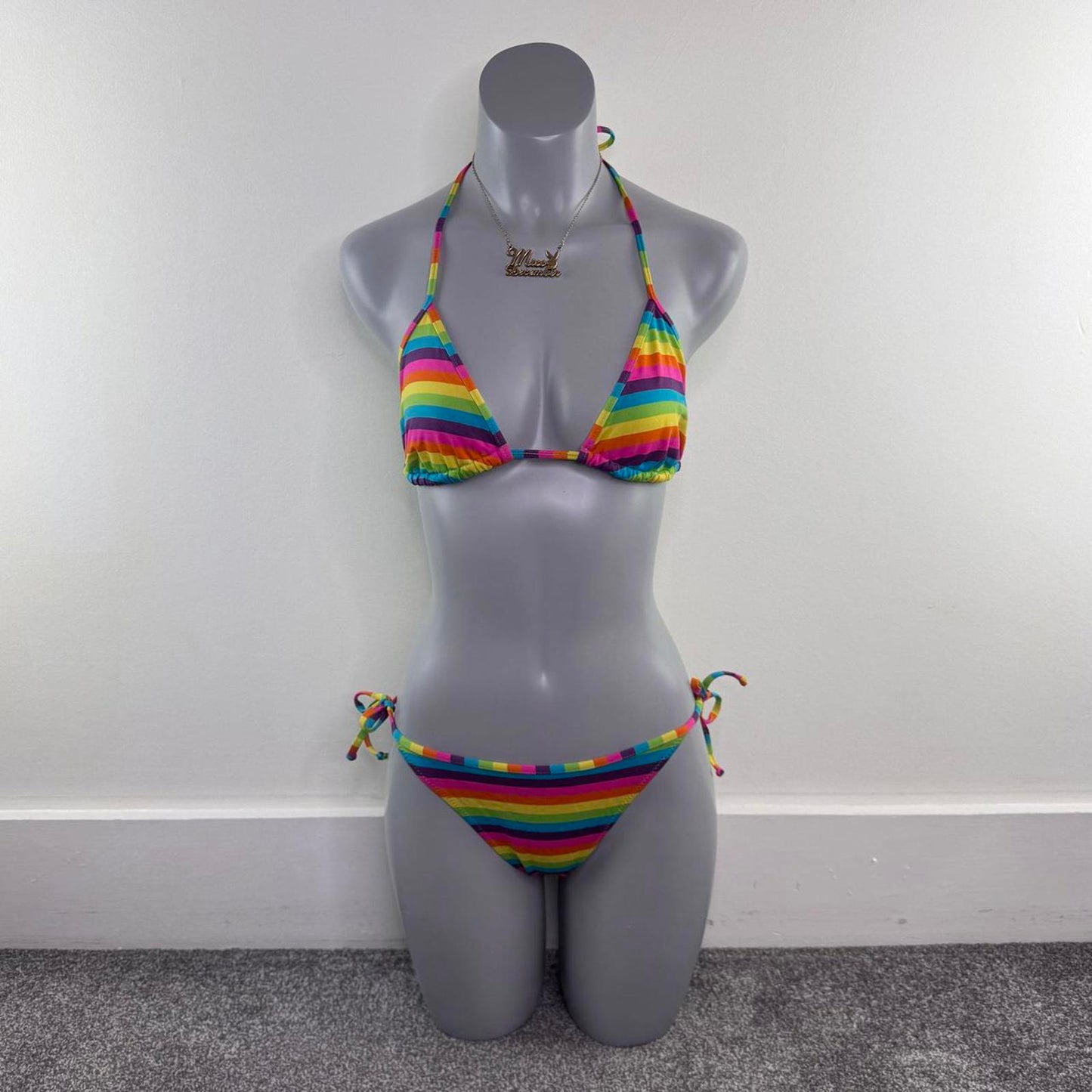 Rainbow stripe halter neck matching bikini set rainbow multi tie bow