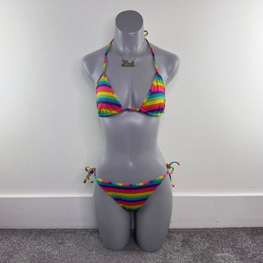 Rainbow stripe halter neck matching bikini set rainbow multi tie bow