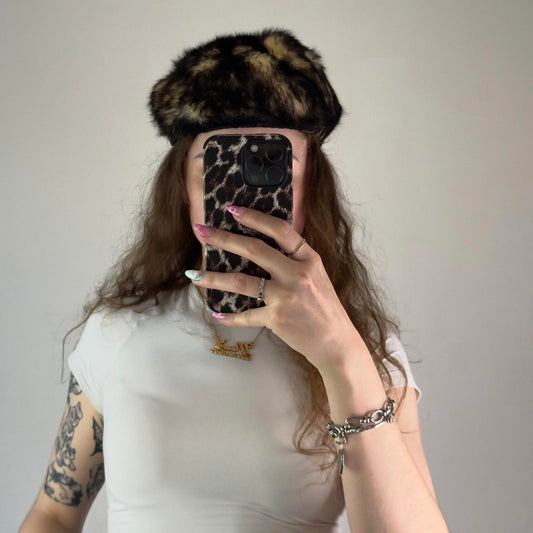 Vintage genuine fur beret hat two tone black cream spotted