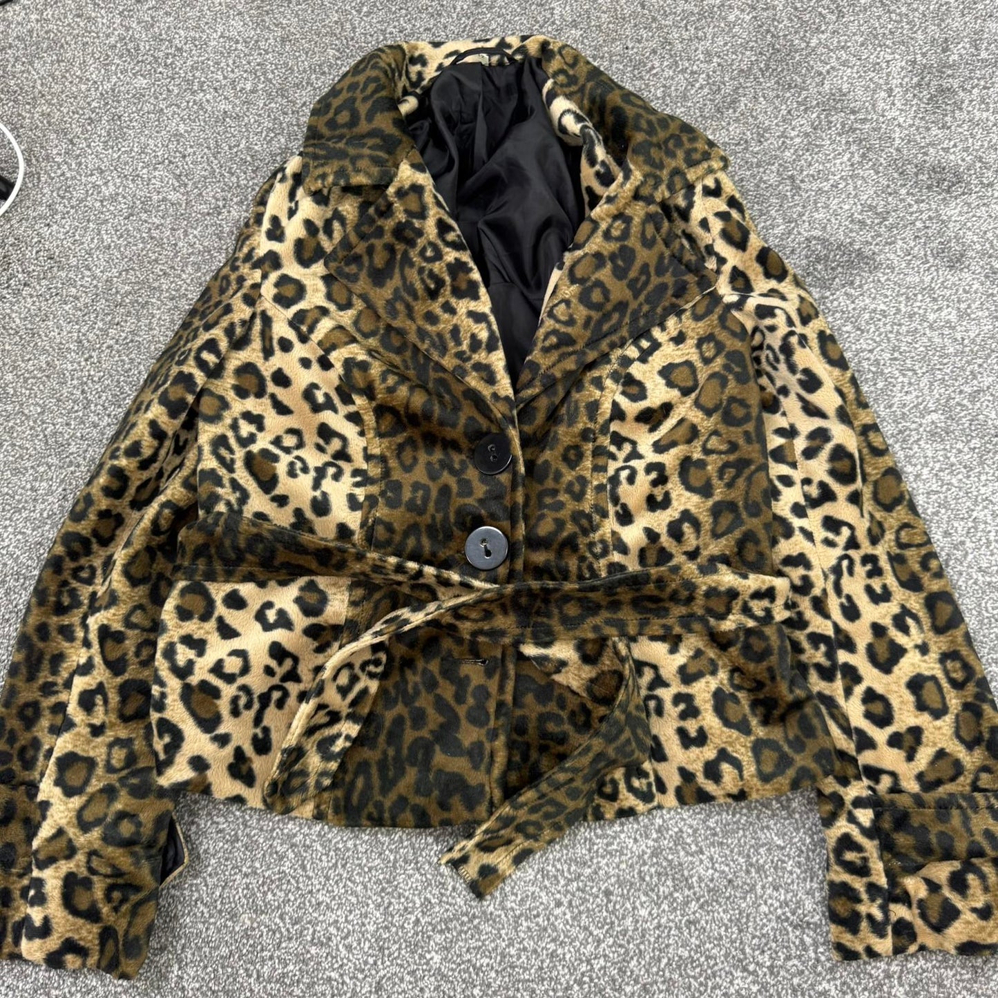 Y2K vintage fuzzy leopard print short jacket with belt flattering lightweight