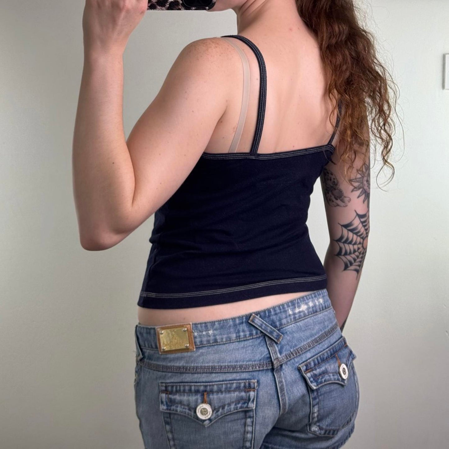 Y2K vintage denim style stretchy cami top strappy contrast stitch sporty