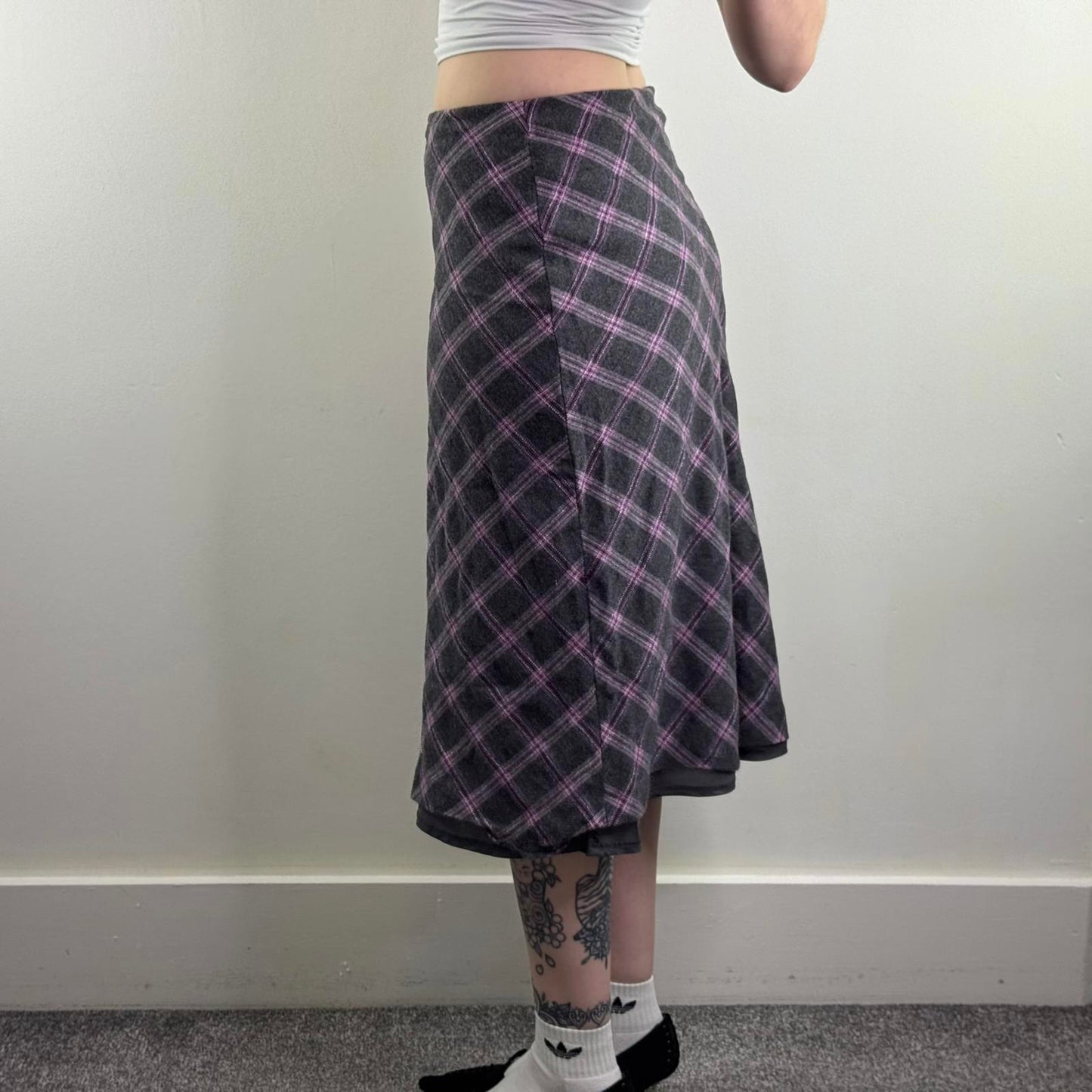 Y2K vintage wool blend tartan midi skirt a line purple grey preppy