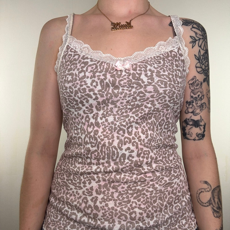 Y2K vintage leopard print lace trim cami top light pink/brown lettuce hem bow