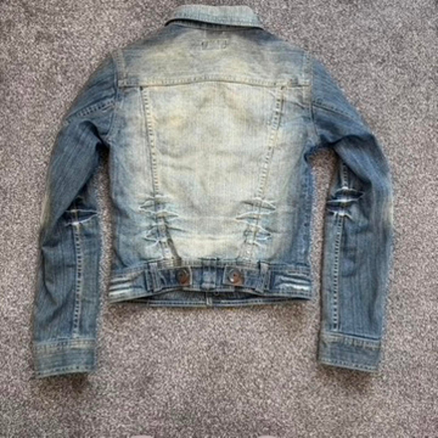 Y2K vintage stretchy fitted denim popper button up jacket faded light blue short