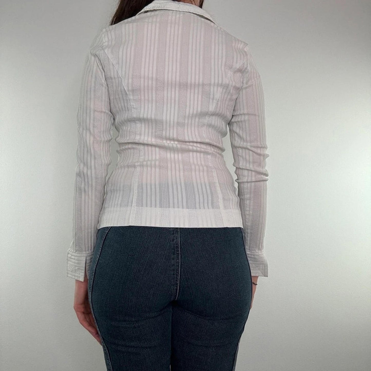 Y2K vintage fitted long sleeve shirt sparkly v neck collared stretchy sheer