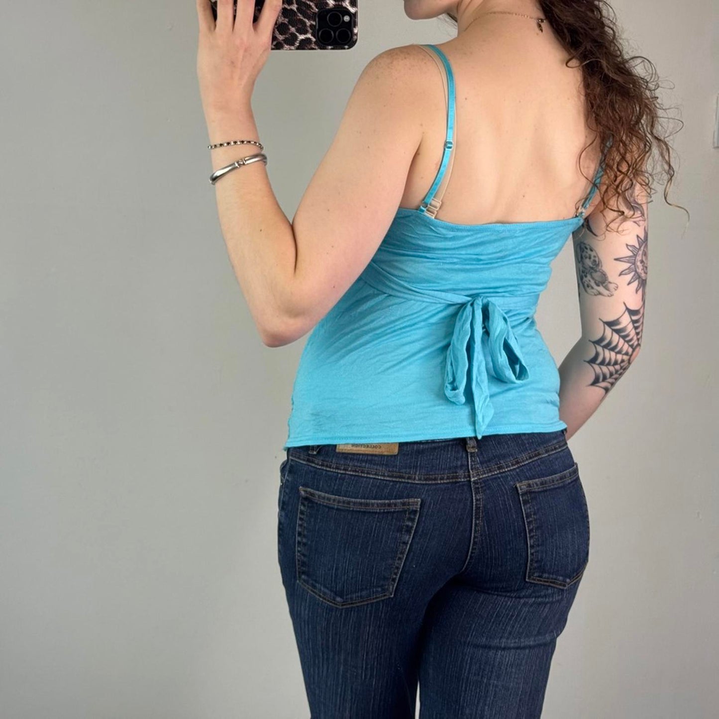 Y2K vintage Bay cami top tie back bow rhinestone v neck scallop hem