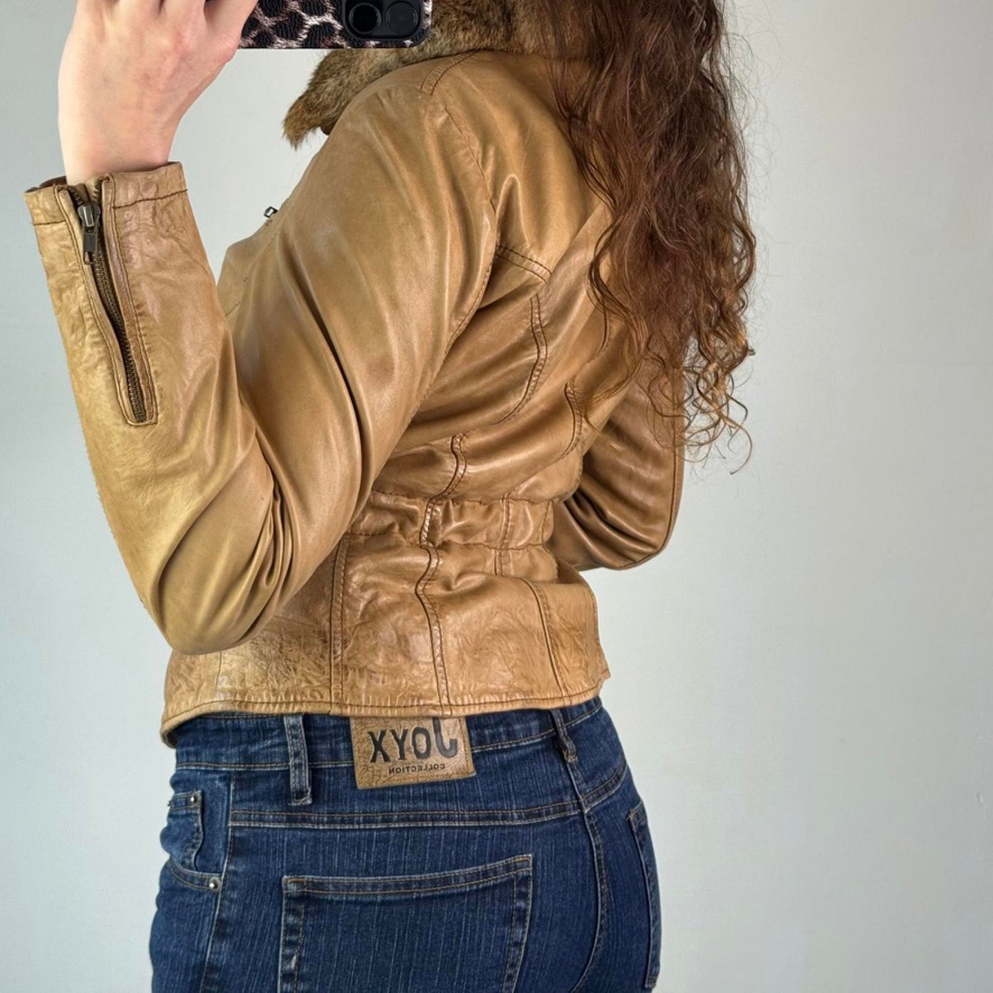 Y2K vintage genuine leather real fur trim collar zip up fitted jacket