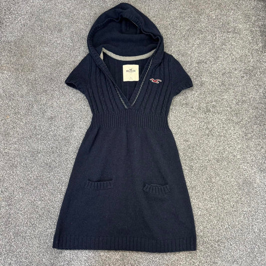 Y2K vintage Hollister knit short sleeve hoodie v neck cable knit navy knitted